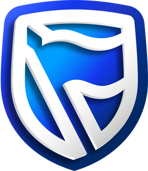 A shield emblem with a white sword and a flag, set against a blue background.