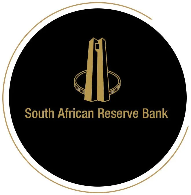 Logo of South African Reserve Bank with a gold tower and circular base on a black background.