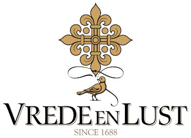 A logo with a decorative gold cross and the words 'Vrede En Lust' and 'Since 1688' written below.