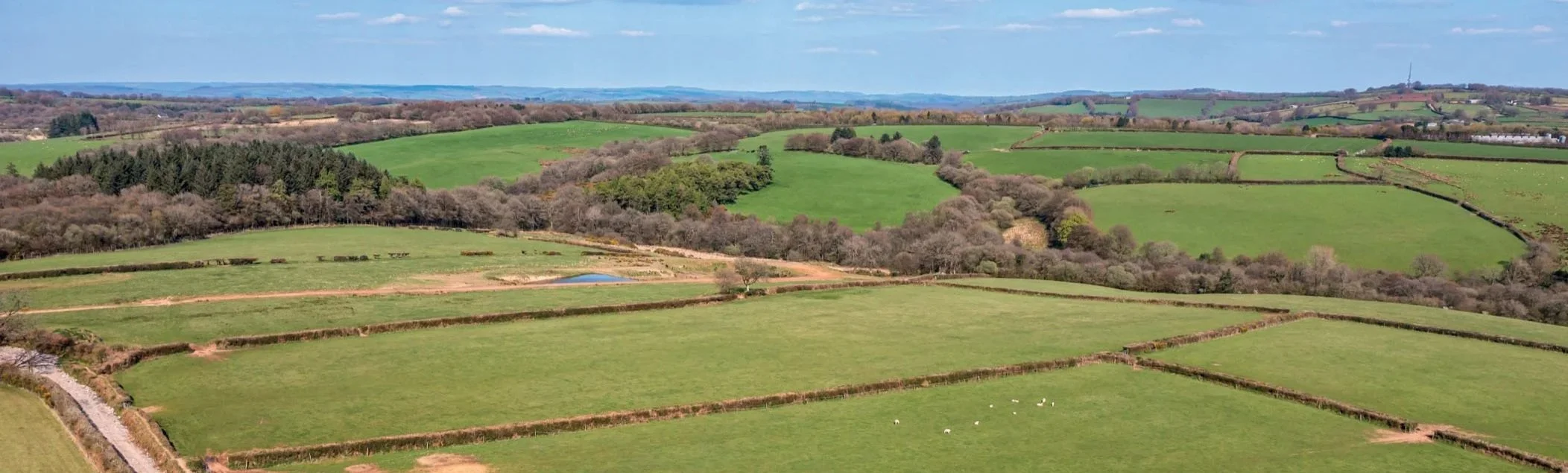 Aerial view of a lush green landscape with rolling fields, trees, hedgerows, and a small pond, under a partly cloudy sky.