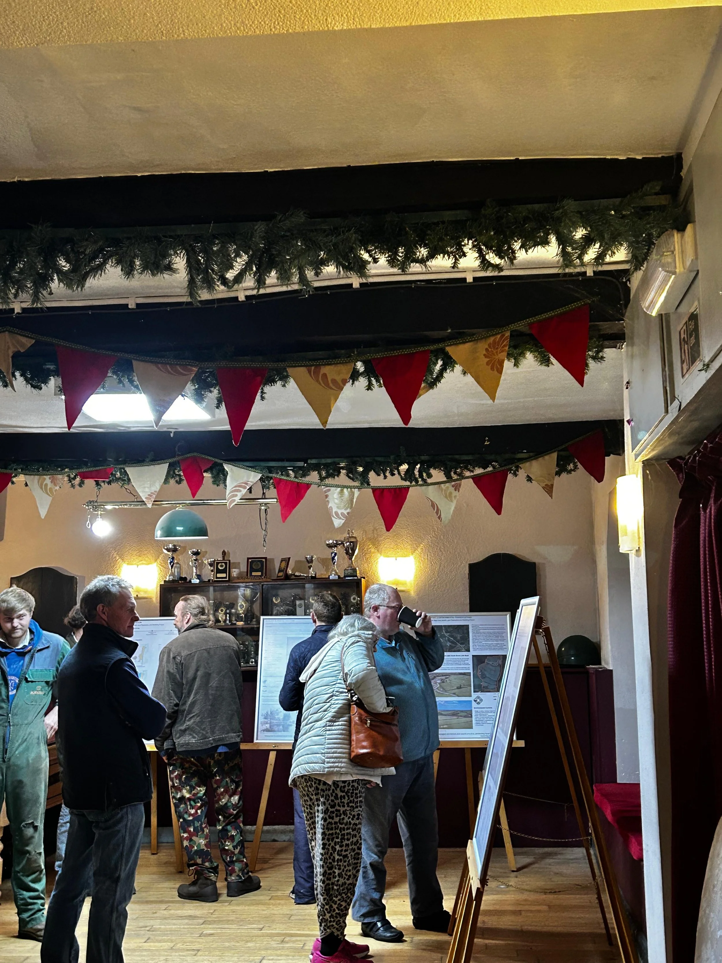 People standing and observing posters at an indoor science or research event, decorated with garlands and bunting.