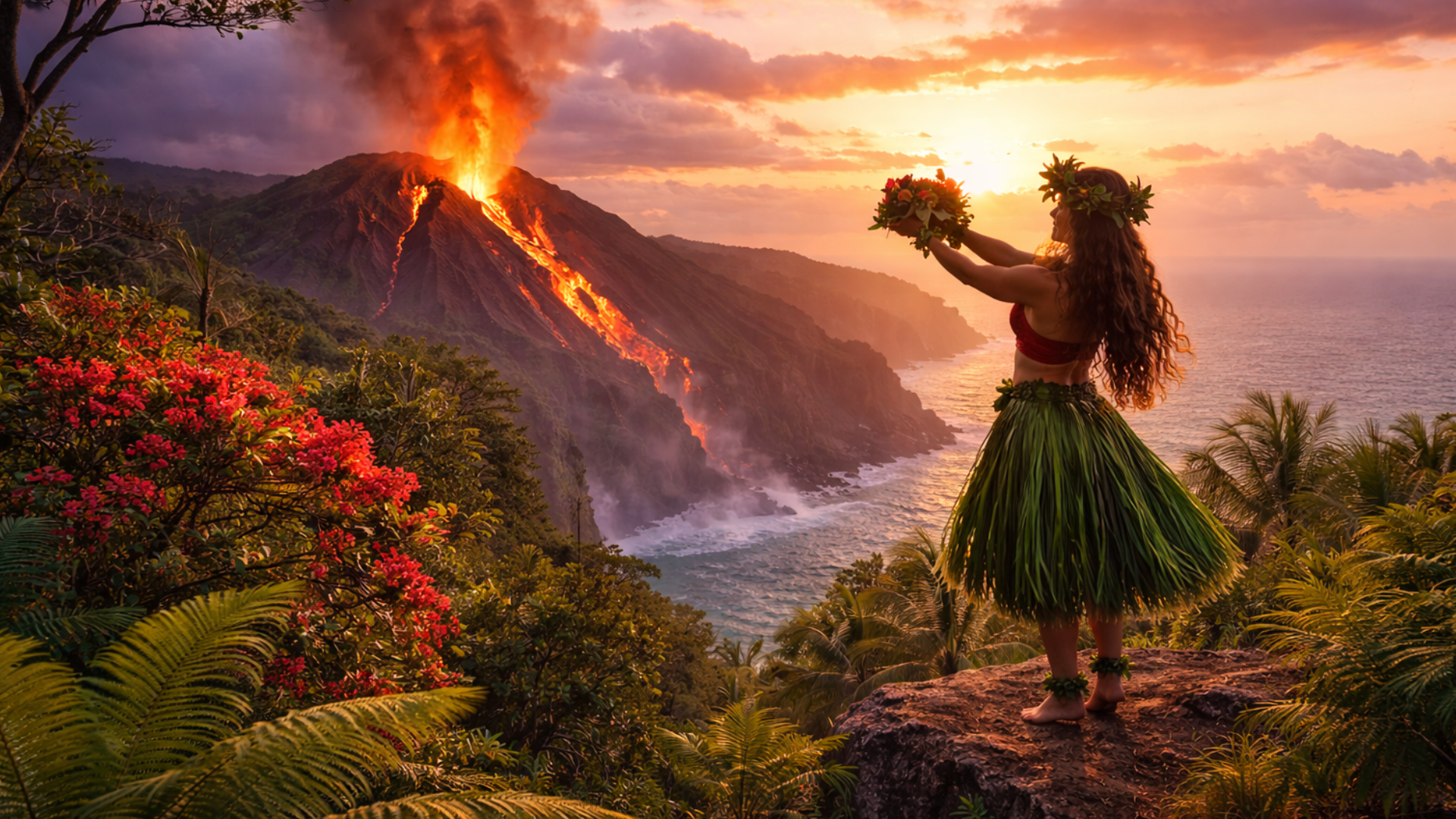 Depiction of Hawaiian girl holding flowers as a volcano erupts  in the distance - created by AI