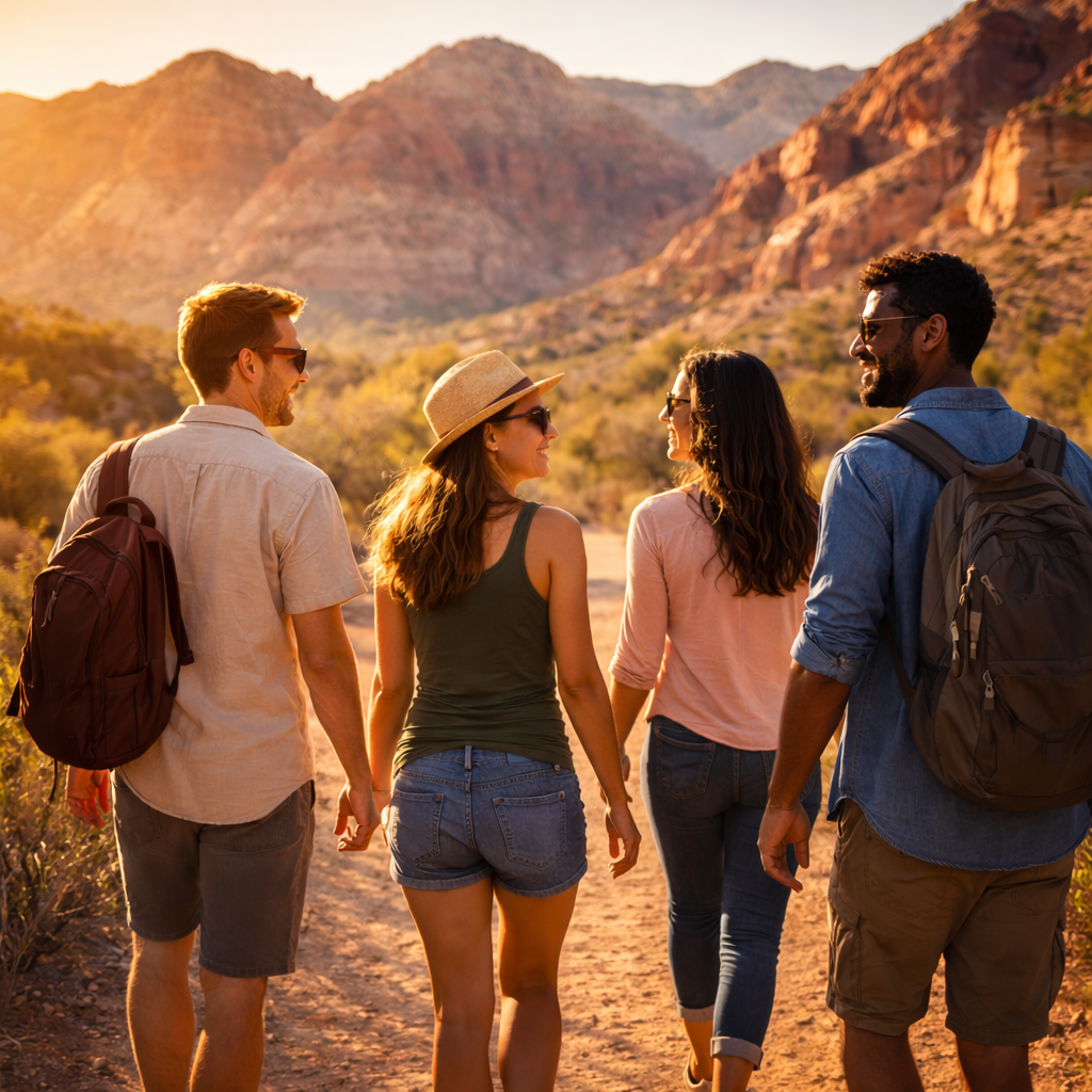Two couples explore Red Rock Canyon while chatting