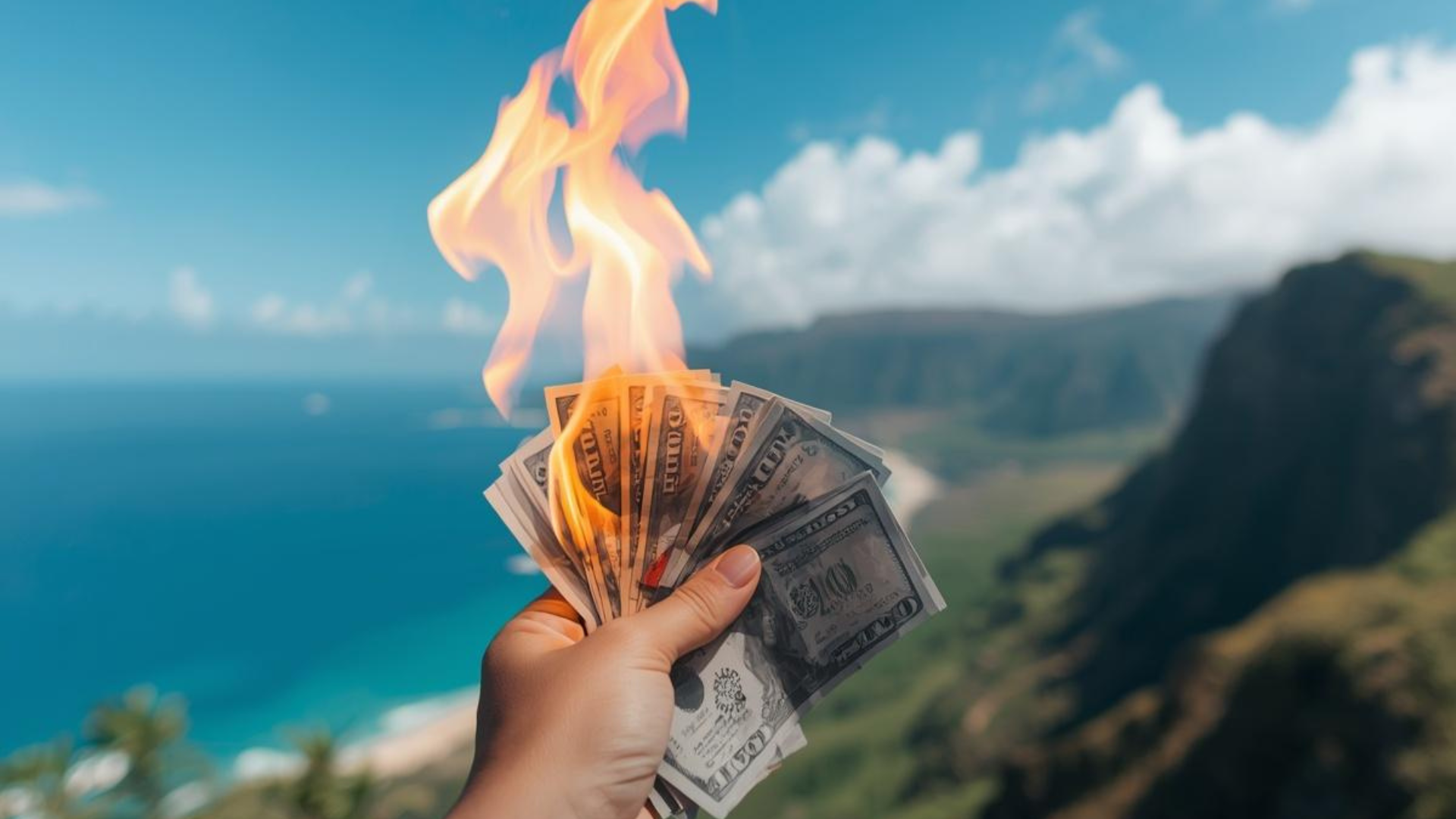 A hand holding flaming $100 bills with a blurred Hawaiian nature landscape in the background