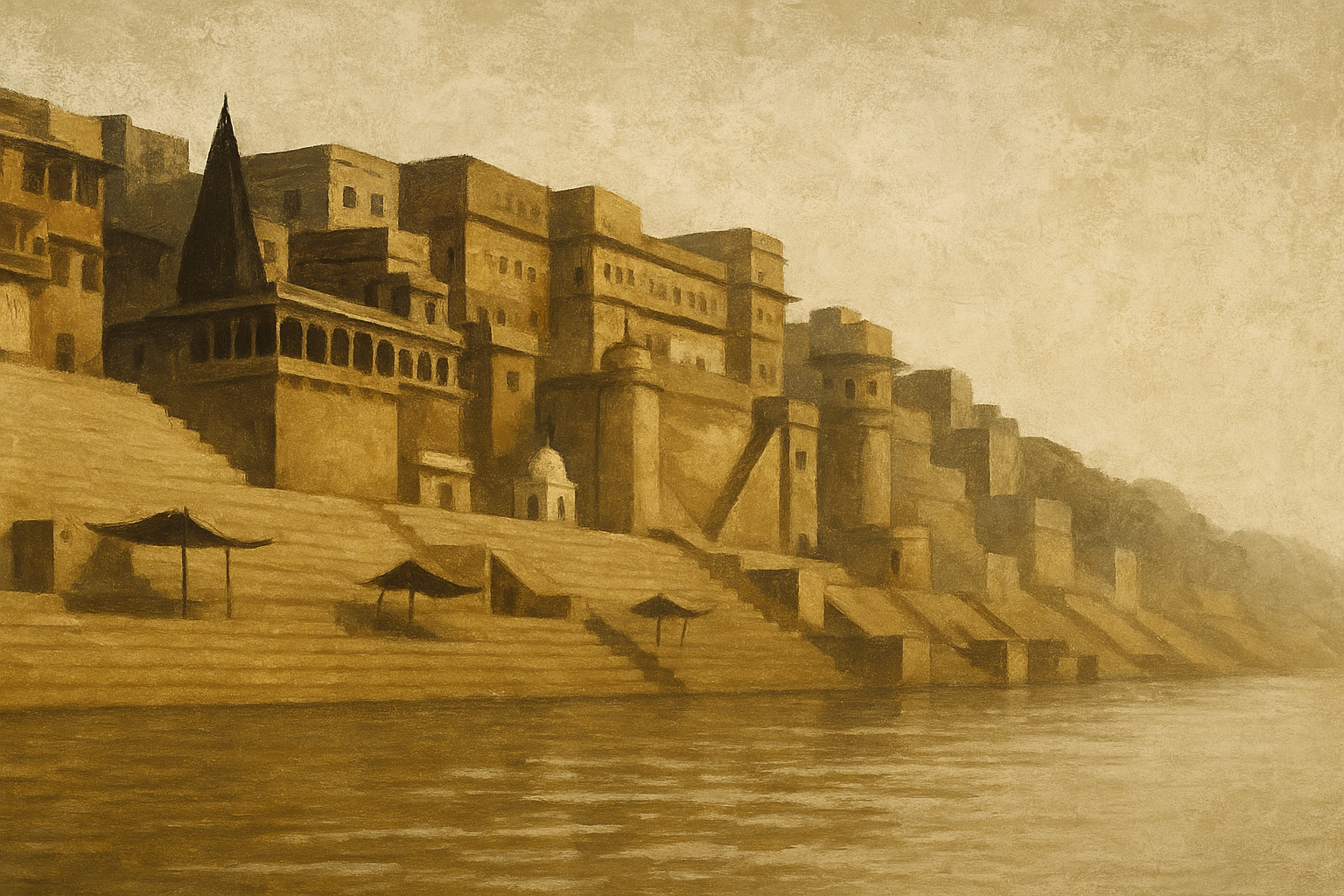A sepia-toned painting of a hillside village with multiple multi-story buildings, stairs leading down to a river, and umbrellas along the riverbank.