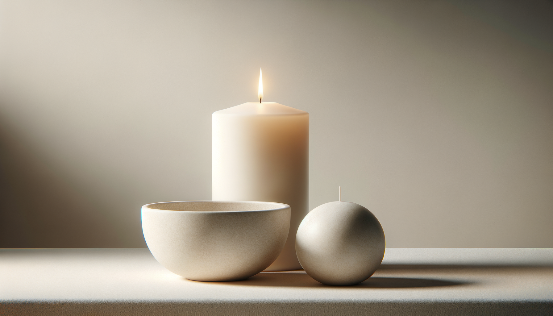 A still life image of a lit white candle, a round white candle, and a beige ceramic bowl on a white surface against a neutral background.