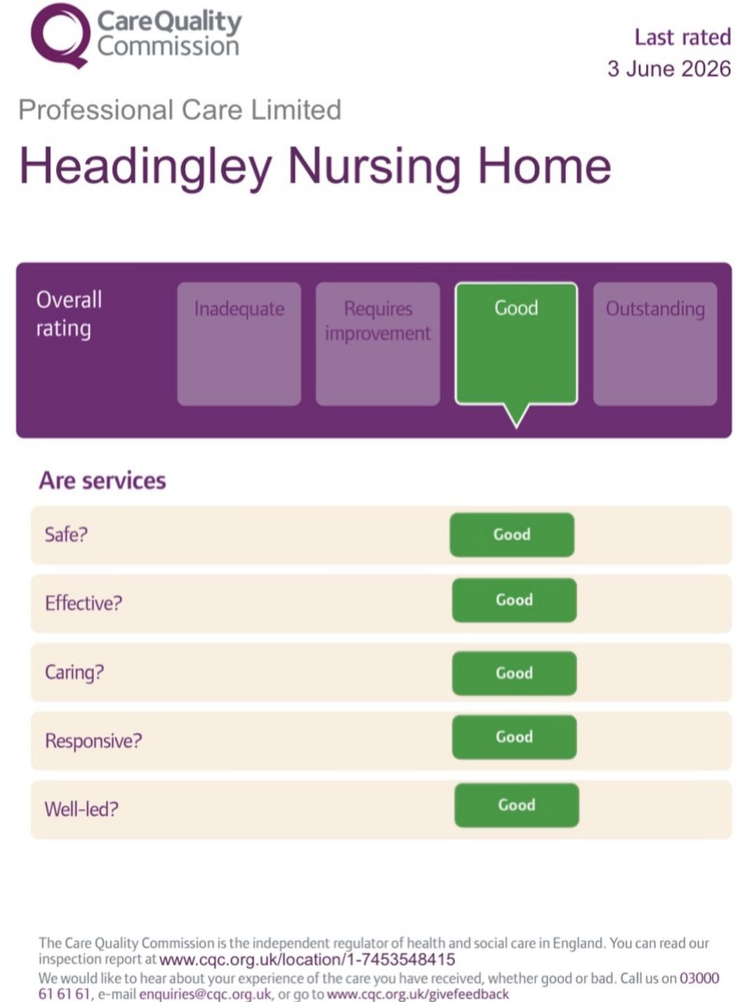 We are delighted to share that our nursing home has received a &lsquo;Good&rsquo; rating following our latest CQC inspection. This achievement reflects the dedication, compassion, and hard work of our entire team, who work tirelessly to provide safe,