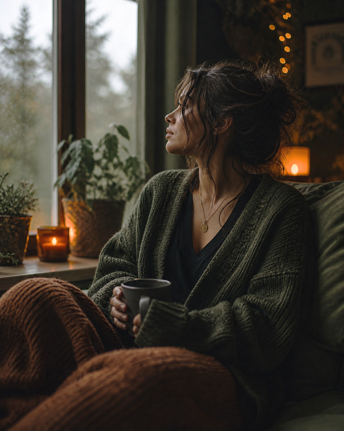Woman holding a mug by the window, symbolizing nervous system healing, emotional reflection, and peaceful self-restoration.