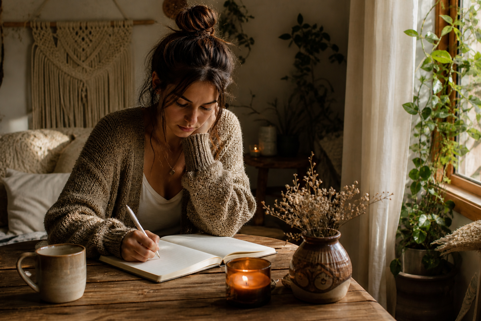 Woman journaling at a cozy table with candlelight and dried flowers, representing self-reflection, healing, and guided emotional recovery after toxic relationships.