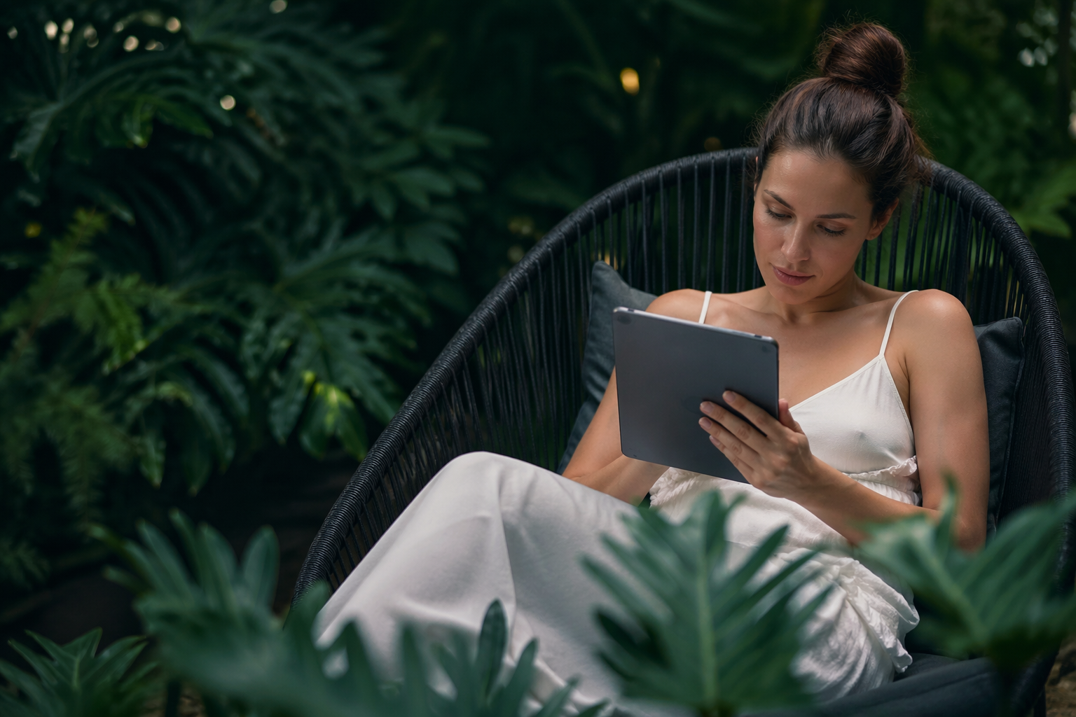 Woman in a white dress sitting outdoors with a tablet, representing peaceful self-reflection, feminine healing, and emotional reset support.