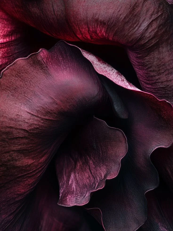 Dark purple and red flower petals with ruffled edges, symbolizing emotional depth, feminine healing, heartbreak transformation, and sacred rebirth.