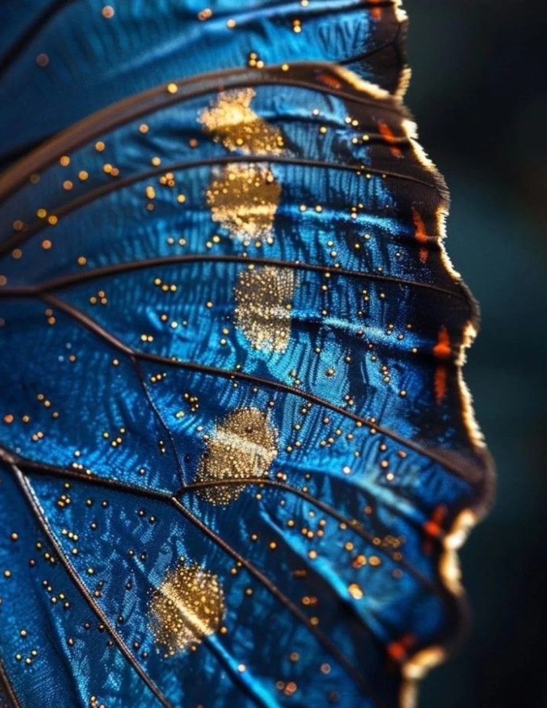 Blue butterfly wing in close-up, symbolizing transformation, emotional healing, spiritual awakening, and becoming after survival.