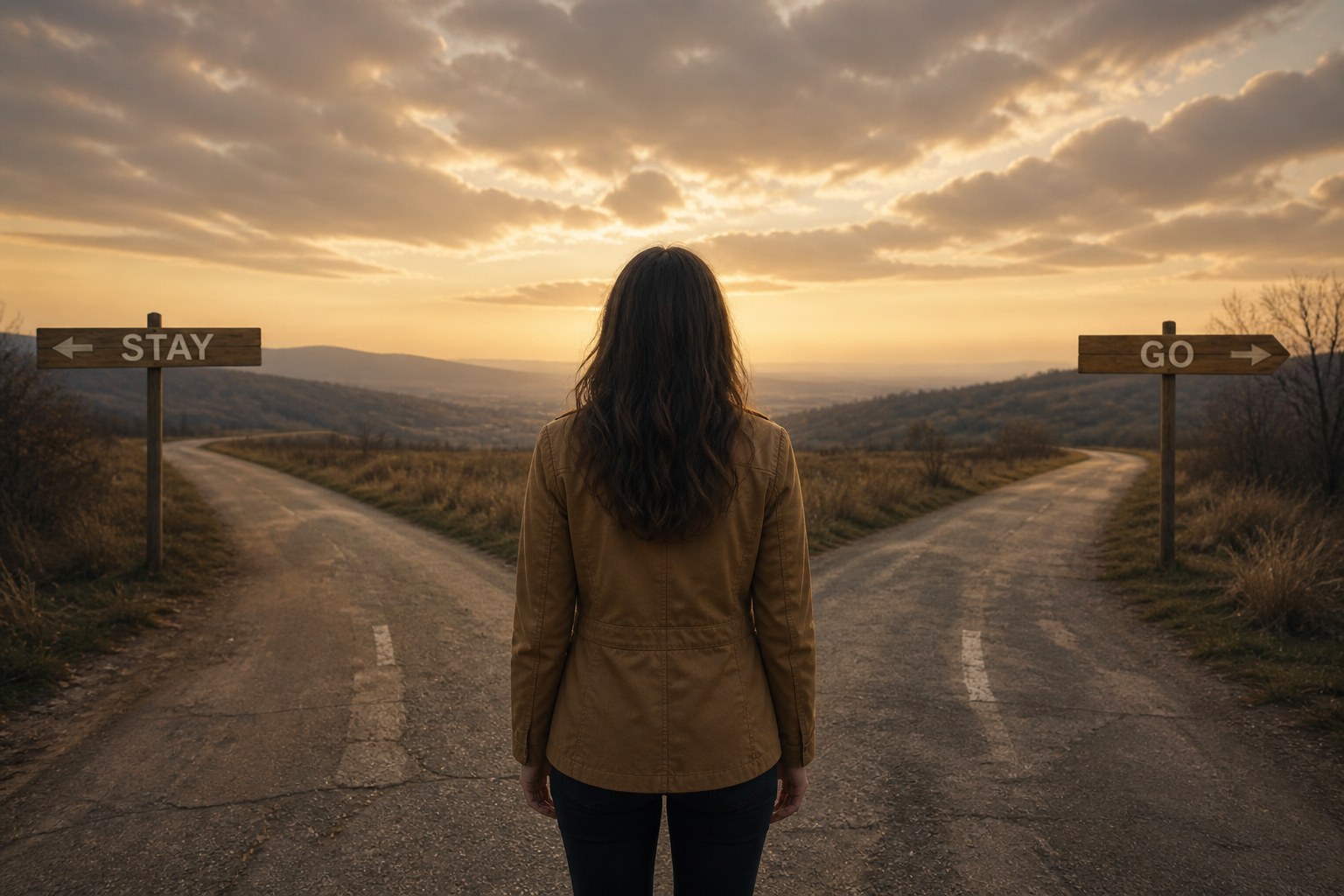 Woman standing at a fork in the road with signs reading “Stay” and “Go,” representing the emotional question of should I stay or should I go in a toxic relationship.