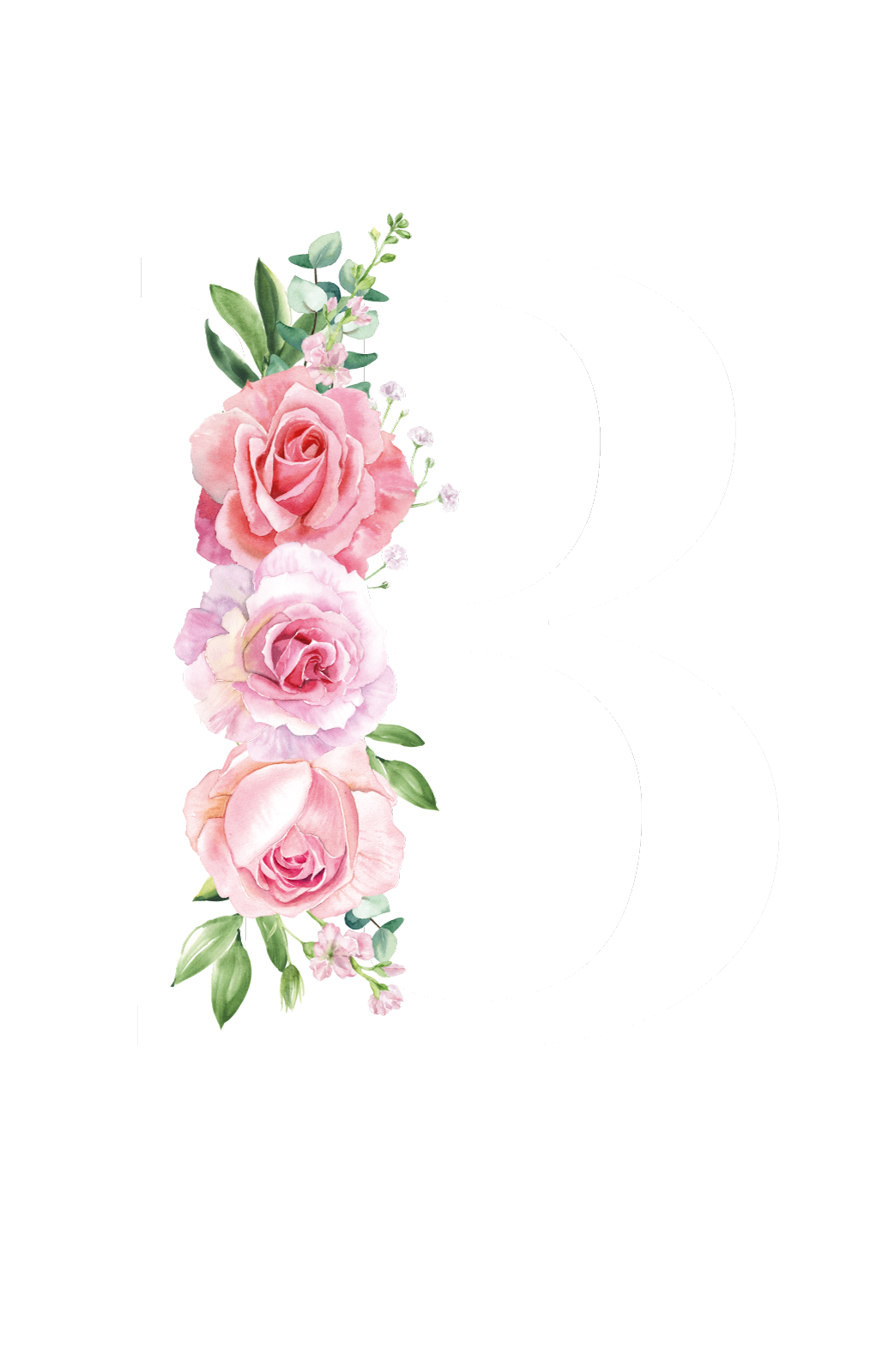 Number 3 decorated with pink roses and green leaves