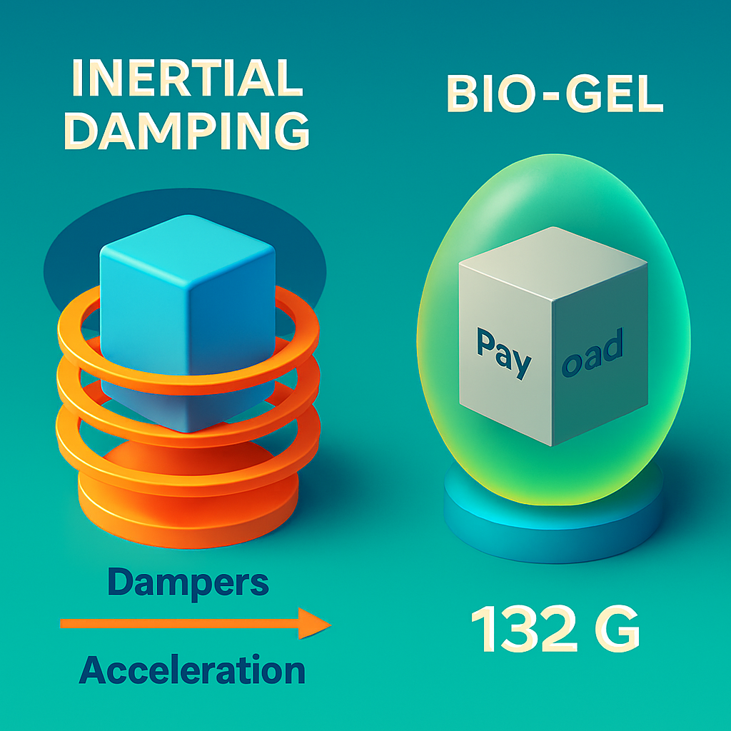 Graphic showing two types of dampers: inertial damping with a blue cube surrounded by orange rings and a bio-gel with the word 'Pay' on a 3D cube. Text indicates inertial damping reduces acceleration, and bio-gel weighs 132 g .www.emls-project.com