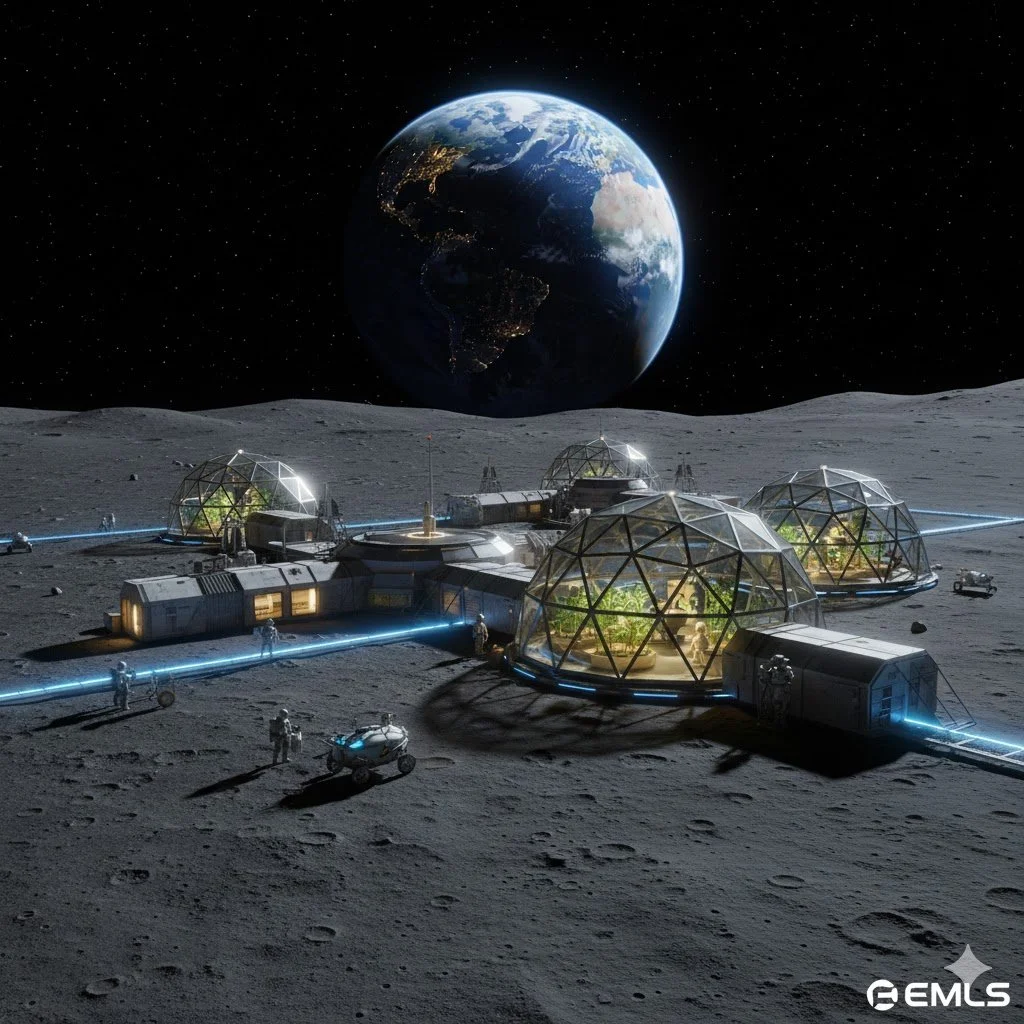A lunar habitat with geodesic dome structures and astronauts working on the moon, with Earth visible in the background.www.emls-project.com