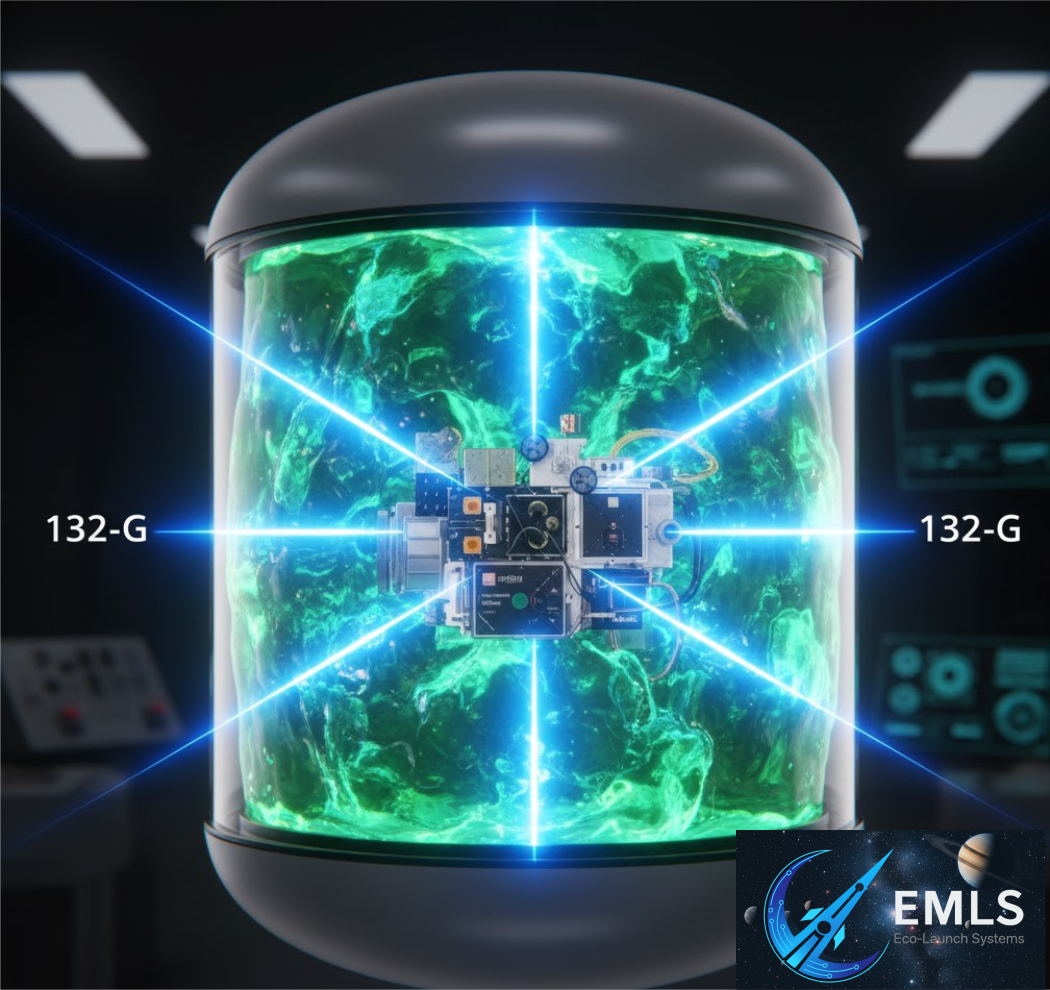 A scientific device in a glass chamber with green swirling energy inside, connected to a piece of equipment with blue laser lines tagged '132-G', with a logo of EMLS Eco-Launch Systems in the bottom right corner.www.emls-project.com