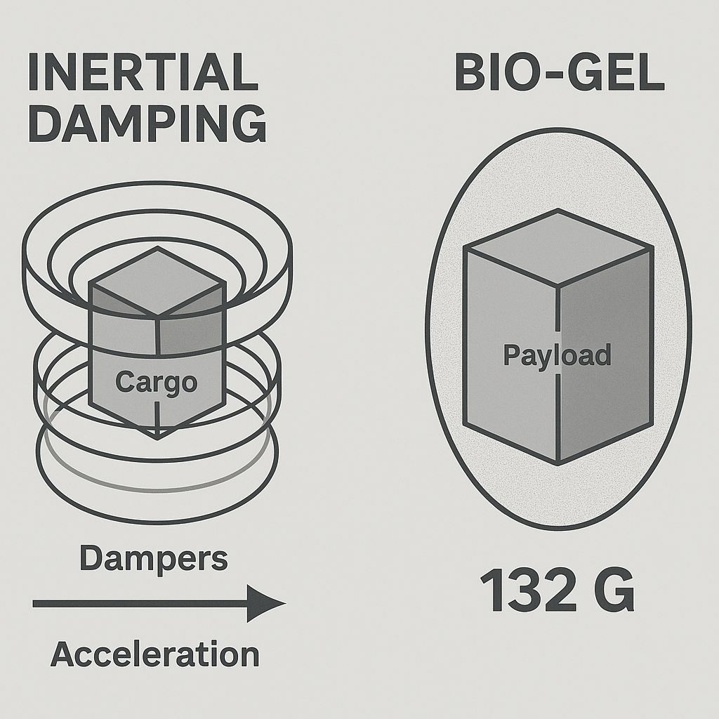 Diagram comparing inertial damping with a cargo object surrounded by dampers on the left and bio-gel with payload on the right. Labels indicate dampers, cargo, payload, and a weight of 132 grams. www.emls-project.com