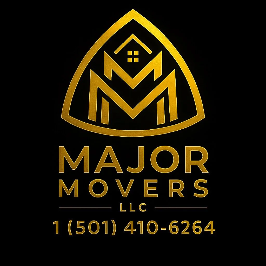 Golden logo with a stylized house and mountain design above the text 'Major Movers LLC' and the phone number 1 (501) 410-6264.