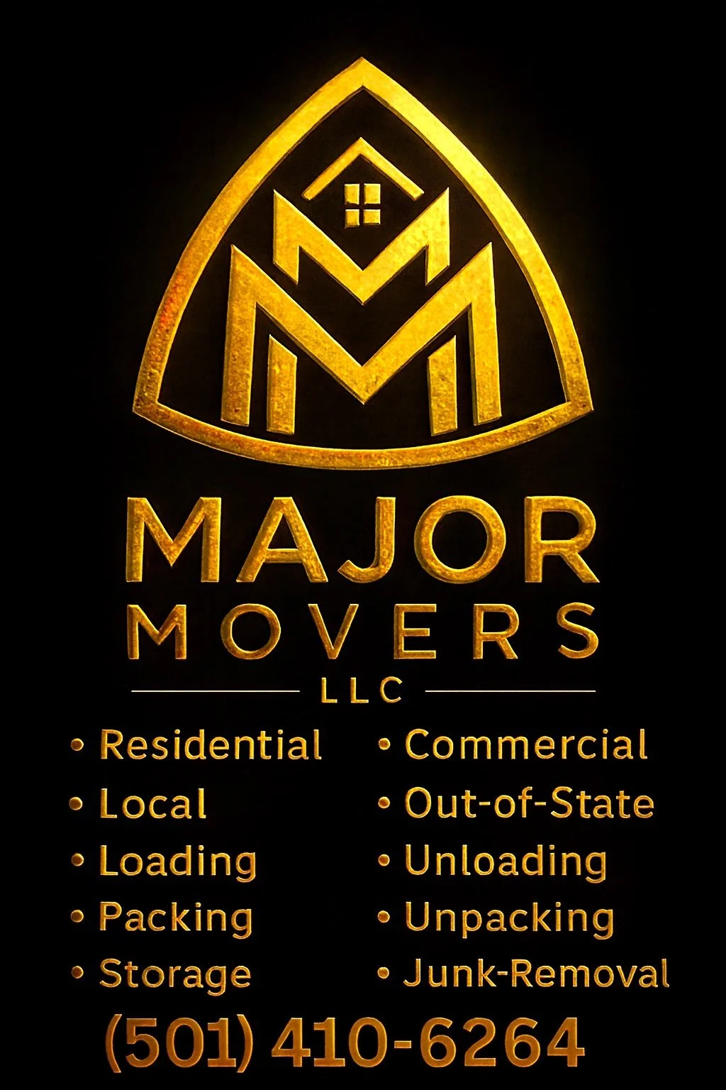 Gold and black logo for Major Movers LLC, a moving company, with a stylized house and M within a triangular shape, and listing services such as residential, commercial, local, out-of-state, loading, unloading, packing, unpacking, storage, junk-removal, with phone number (501) 410-6264.