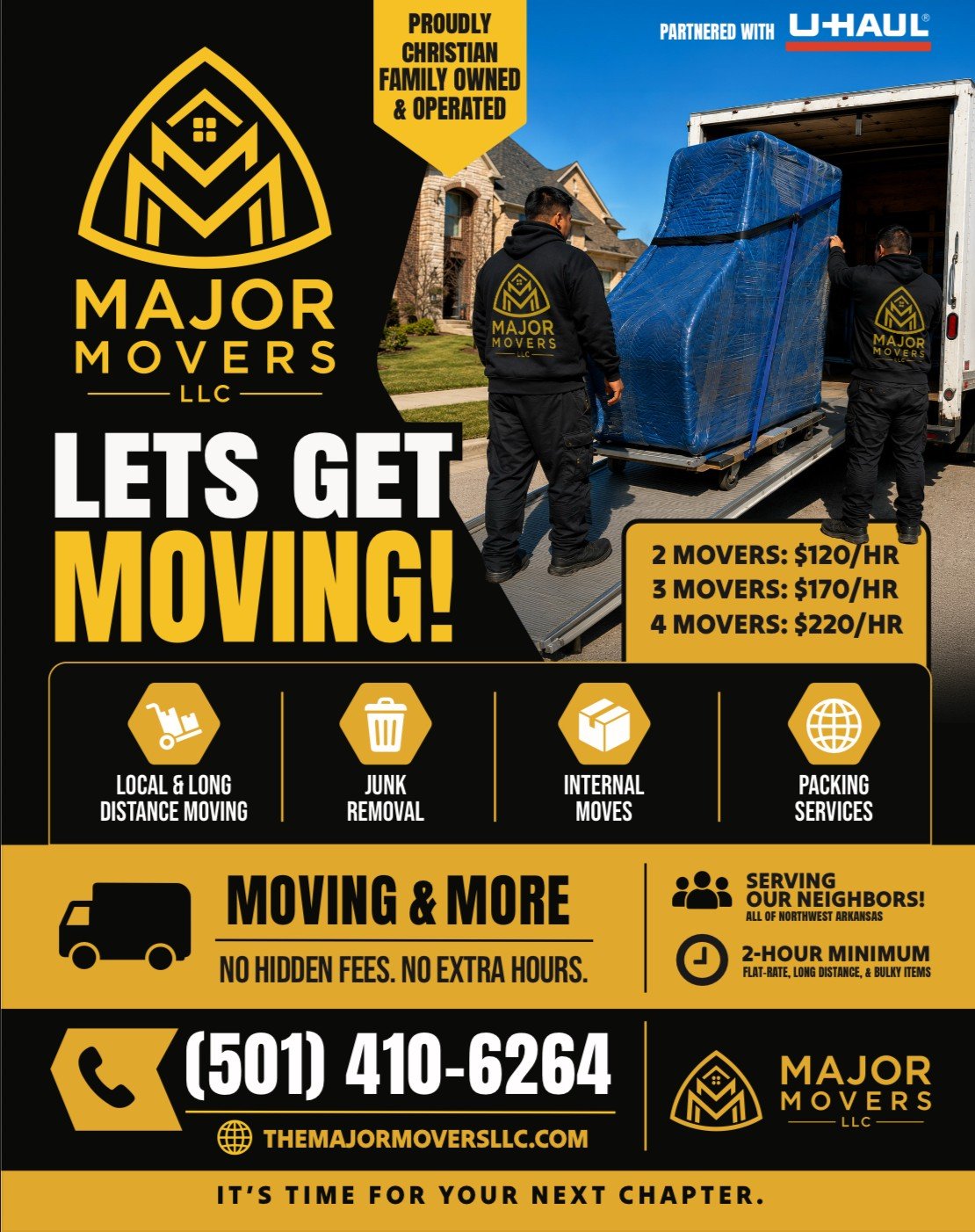 Flyer for Major Movers LLC moving company. Features a photo of two movers loading furniture into a truck, with text promoting local and long-distance moving, junk removal, internal moves, and packing services. Includes pricing for 2, 3, or 4 movers per hour, contact details, and a message about no hidden fees or extra hours.