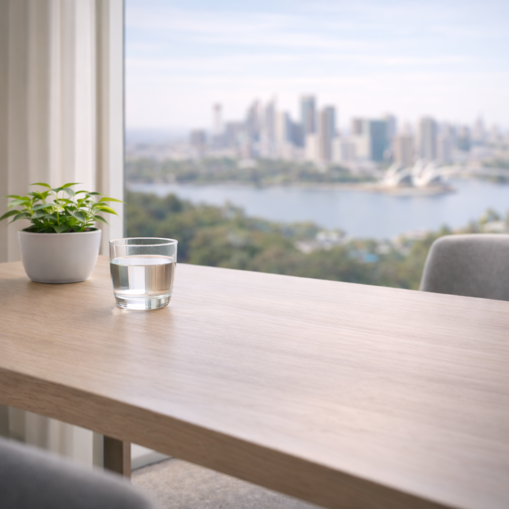 A wooden table with a potted plant and a glass of water, overlooking a cityscape with a river and modern buildings in the background.