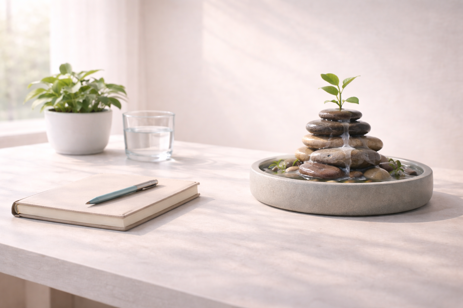 Decorative table with potted plant, glass of water, closed notebook, pen, and a stone water fountain