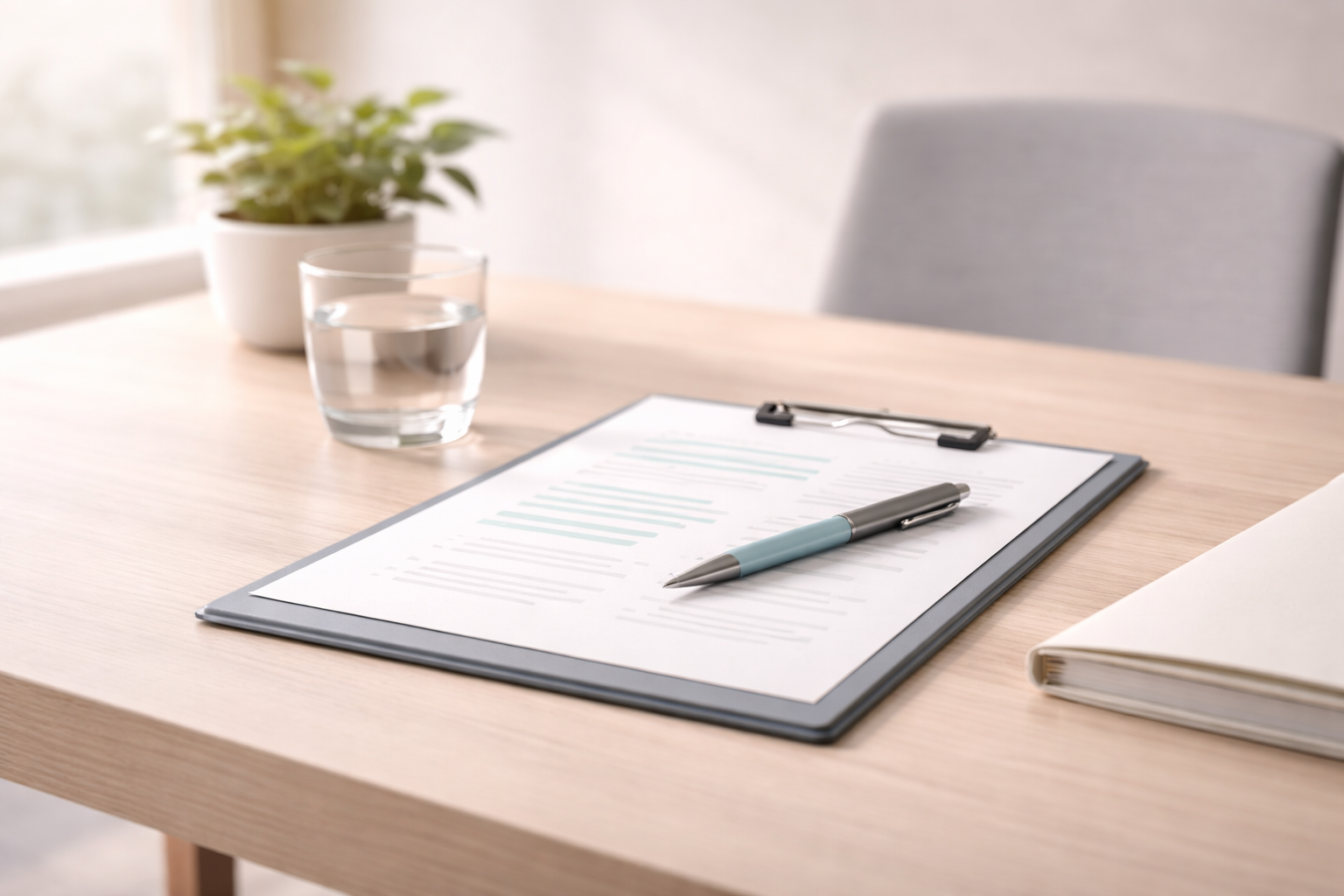 Office desk with a clipboard, attached pen, and a glass of water, with a potted plant in the background.