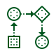 Flowchart with symbols representing a process or decision-making, including arrows connecting different shapes such as a diamond, rectangle, and a clock.