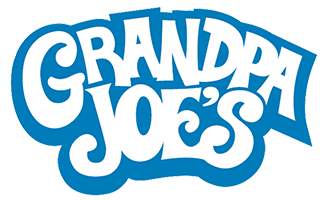 Grandpa Joe's logo in blue and white with bold, playful font.