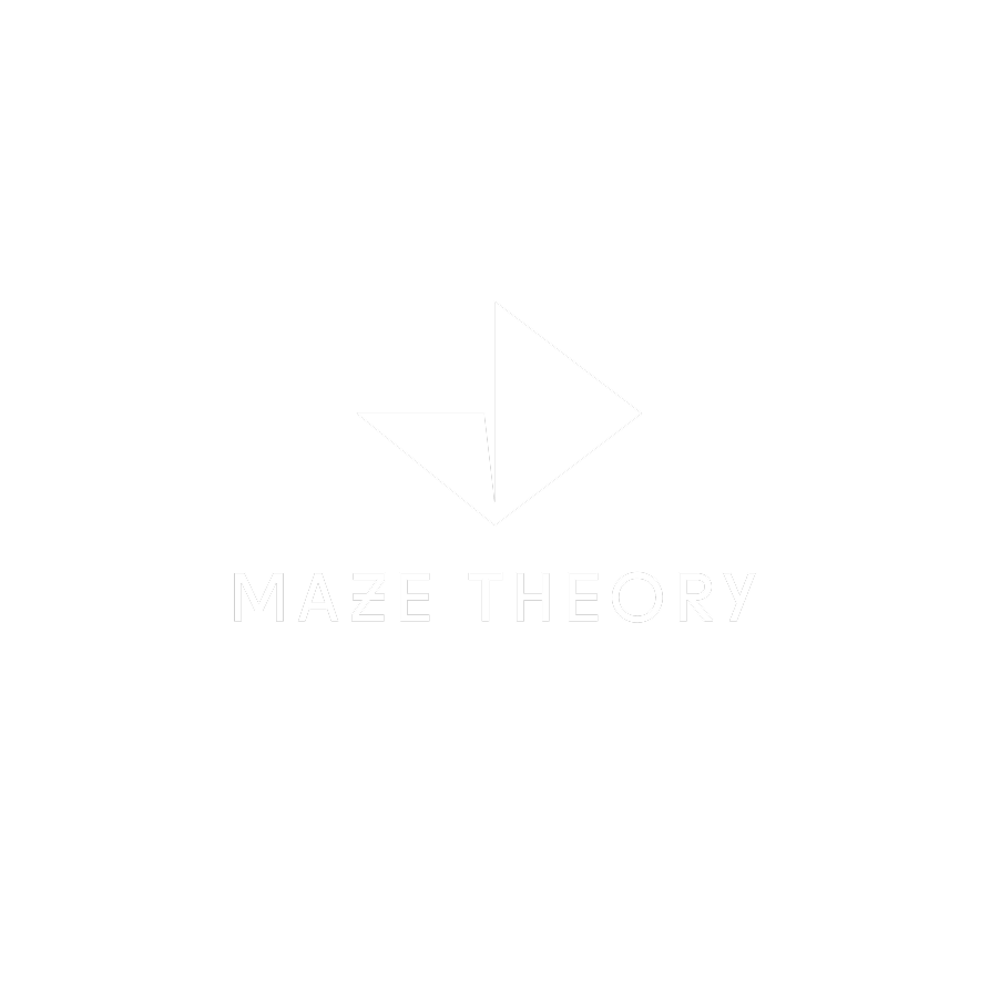 Black background with a geometric maze logo above the white text 'MAZE THEORY'.