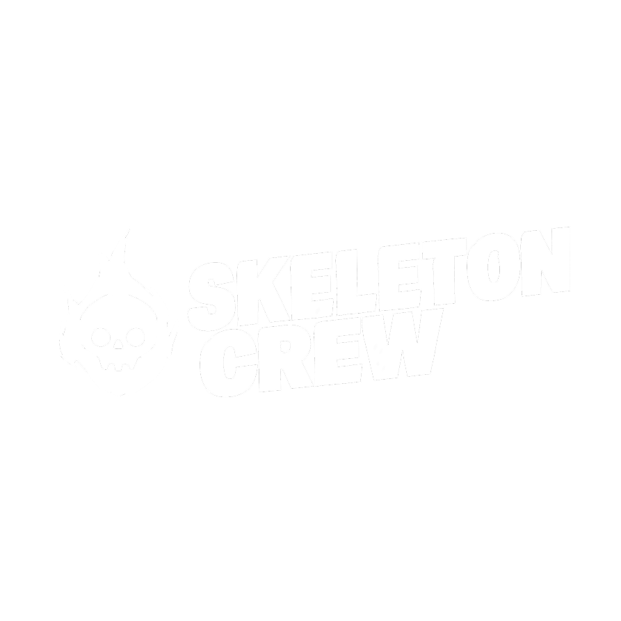 Black and white logo with a cartoon skull on fire and the text 'Skeleton Crew' in bold letters.