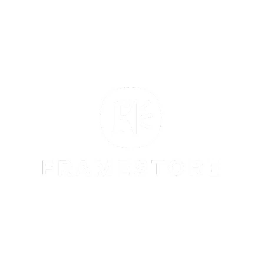 Black and white logo of FrameStore with a stylized 'R' inside a circle and the word 'FRAMESTORE' below.