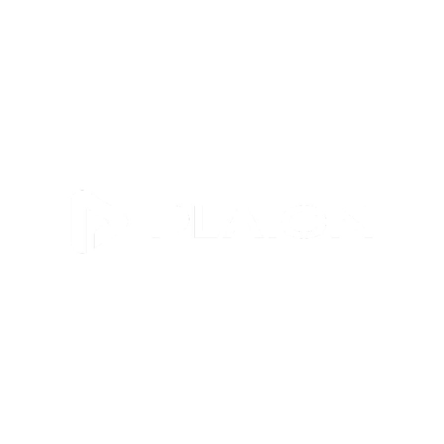 Black background with a white logo consisting of a stylized play button and the word 'PLAION' in bold, modern font.