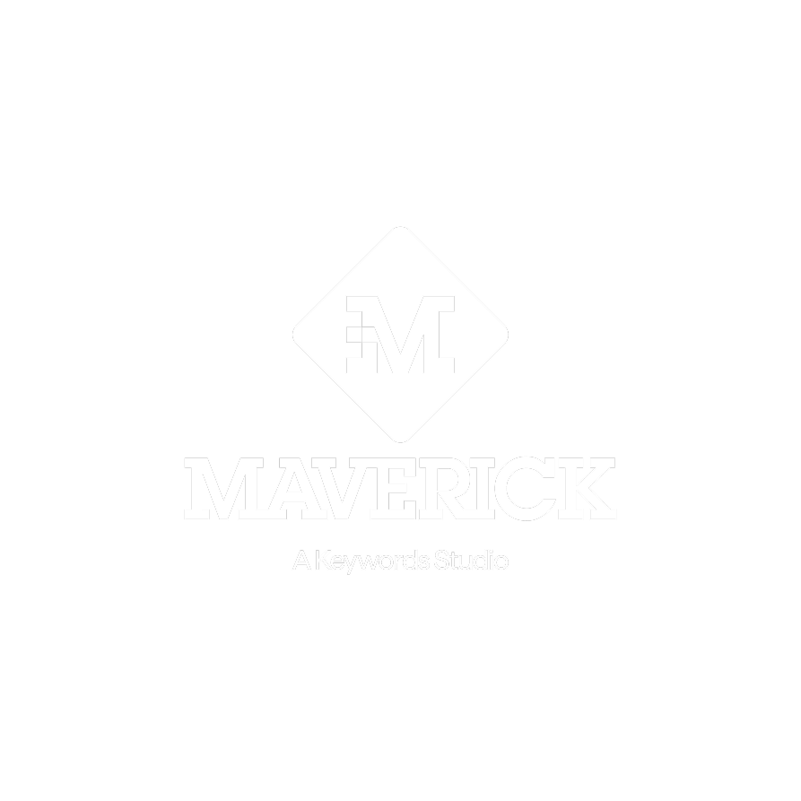 Black background with a white diamond-shaped logo containing a stylized 'M' in the center. Below the logo, the word 'MAVERICK' is written in bold white letters, with the text 'A Keywords Studio' underneath.