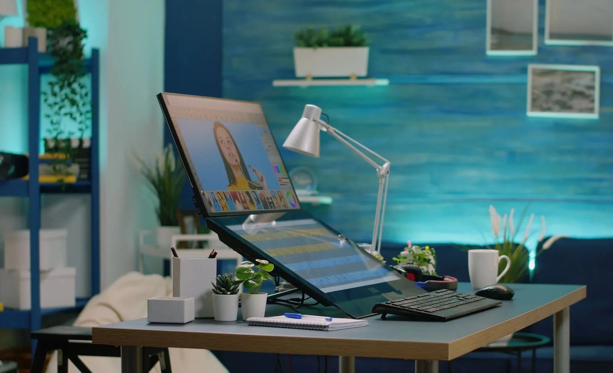 Mesa de trabalho com dois monitores, um exibindo uma edição de vídeo de uma mulher, teclado, mouse, caneta, cadernos, plantas em vasos, uma luminária, uma xícara, e um ambiente decorado com paredes azuis, prateleiras e quadros na parede.