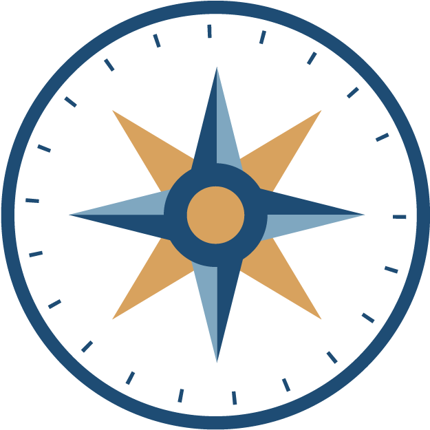 A compass rose with alternating blue and tan points indicating directions.