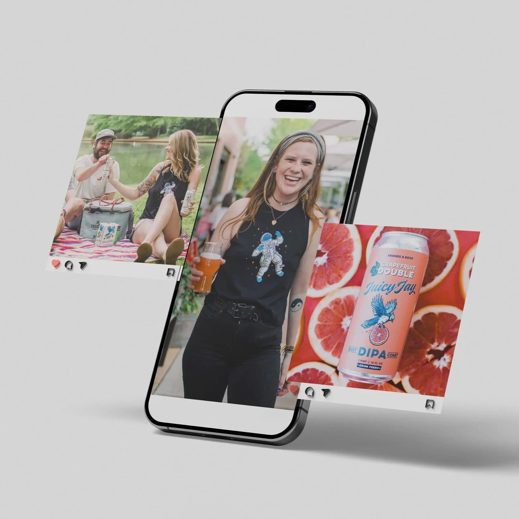 Smartphone displaying photos of two women enjoying drinks and a beverage can with grapefruit slices.