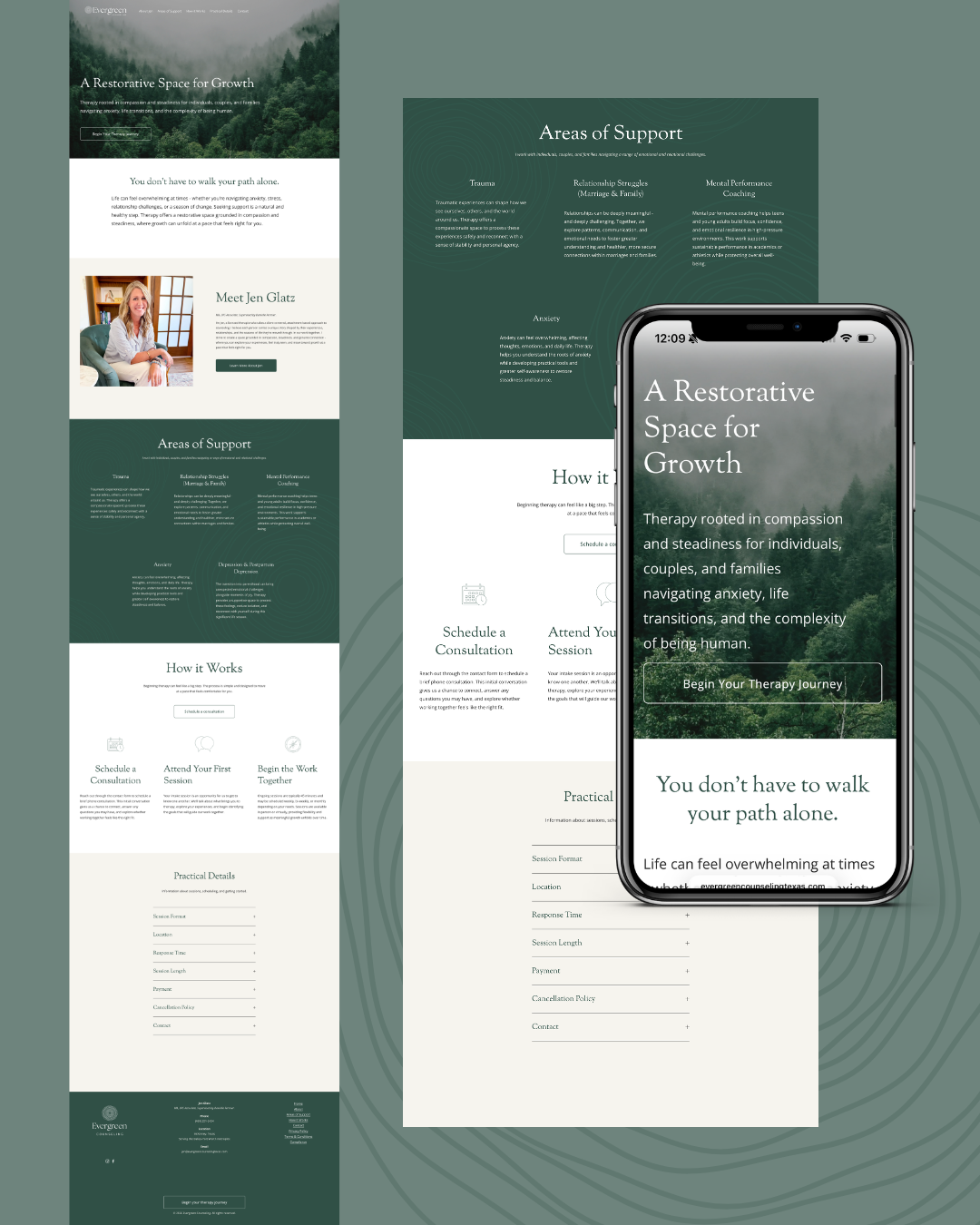 Mockup of desktop pages and mobile version of Evergreen Counseling