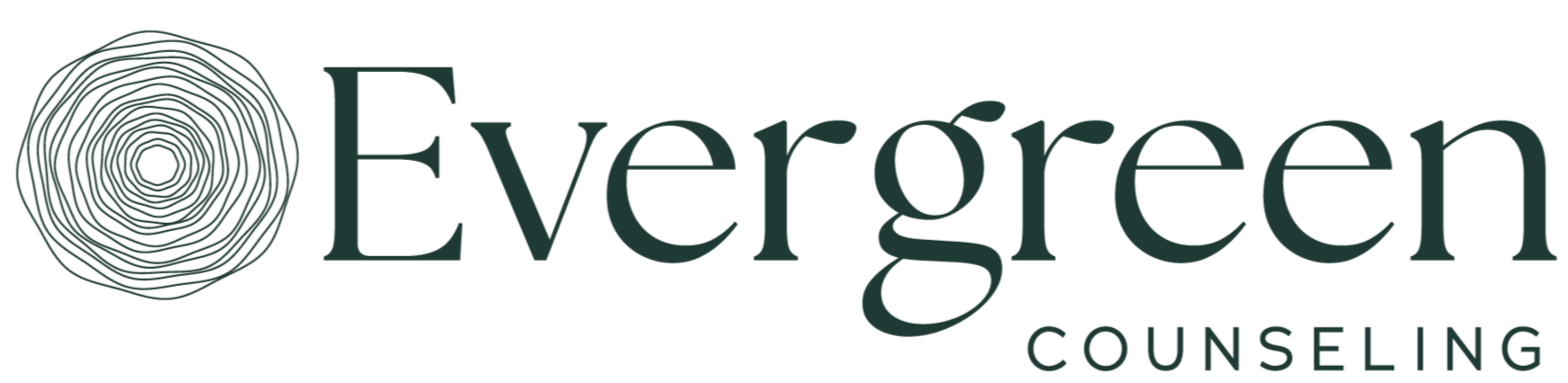 Logo of Evergreen Counseling, featuring a stylized tree ring and the words 'Evergreen Counseling'.