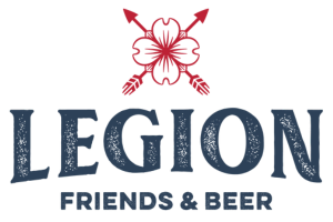 Legion logo featuring a red hibiscus flower with a pink and gray outline, and the text "LEGION" in large blue letters with the tagline "Friends & Beer" below.