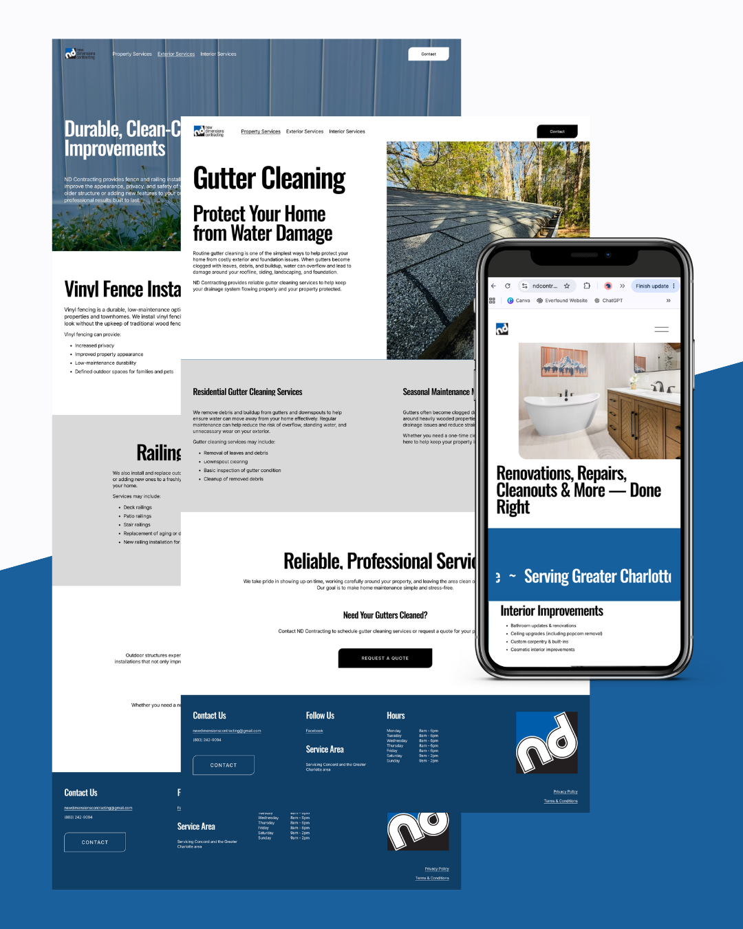 Mockup of desktop pages and mobile version of ND Contracting's website