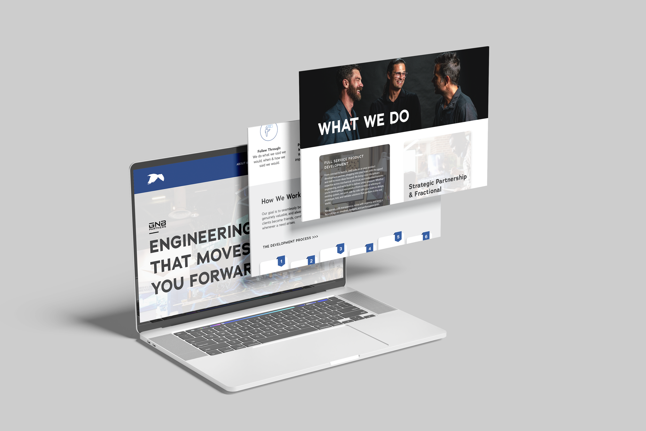 Laptop displaying web pages with corporate and professional content, including images of people in a business setting and text about engineering, services, and team work.