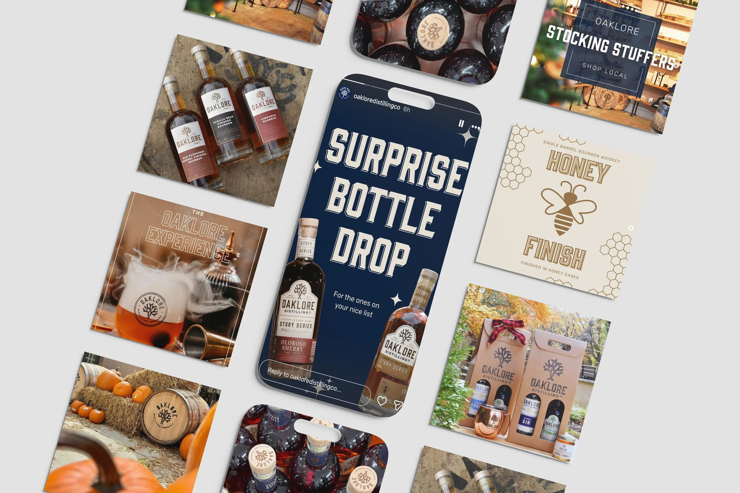 Collection of promotional images and products from Oaklore Distilling, including bottles of whiskey, branded glasses, gift sets, and advertisements for local stocking stuffers, honey, and experience events.