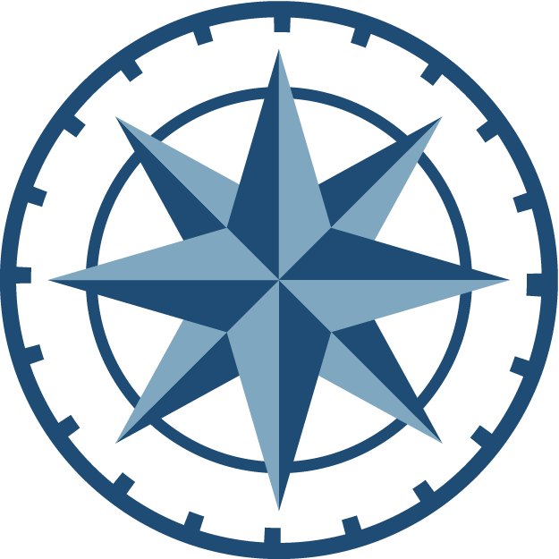 Blue and black compass rose symbol on a black background.