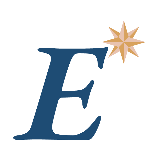 Blue letter E with a beige eight-point star to the upper right.