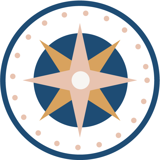 A stylized compass rose with eight points, featuring a white circle at the center, beige and dark blue colors, and small beige dots around the edge.