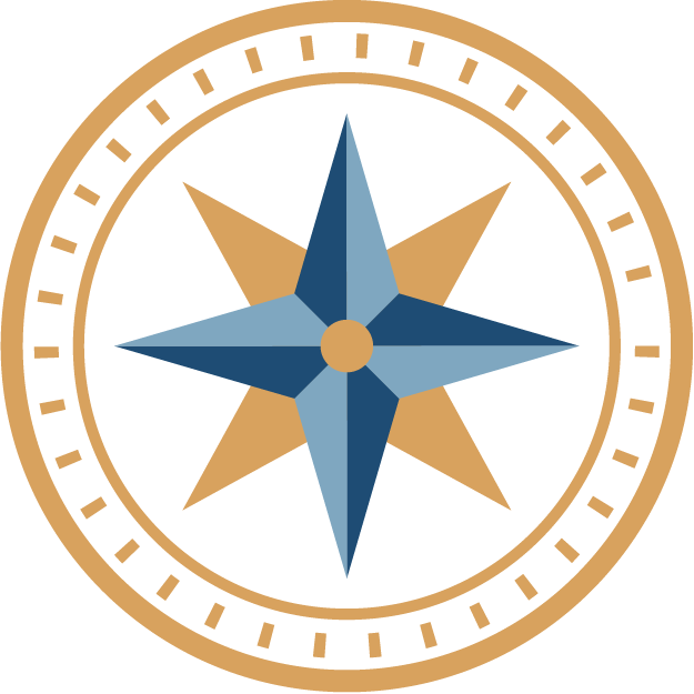 A decorative compass rose with blue and gold colors on a black background.