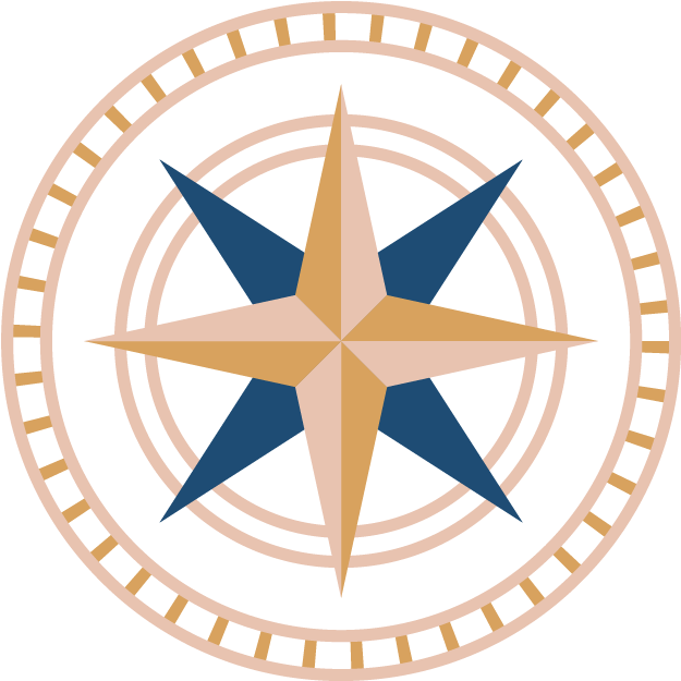 A stylized compass rose with gold, navy blue, and beige colors on a black background.