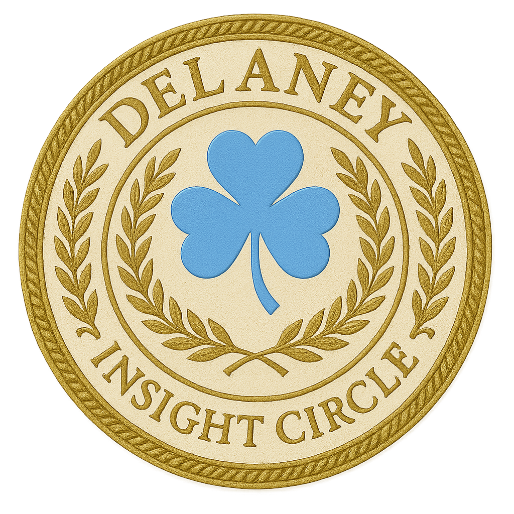 A circular emblem with a gold border that reads "Delaney Insight Circle" around a blue four-leaf clover in the center, surrounded by gold laurel leaves.